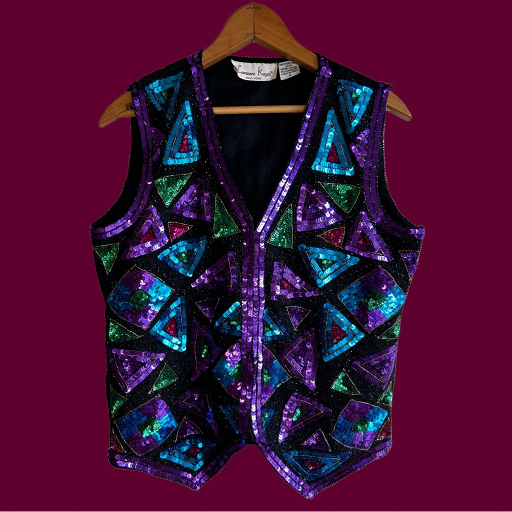Vintage 70s Laurence Kazar Geometric Sequin Print Vest